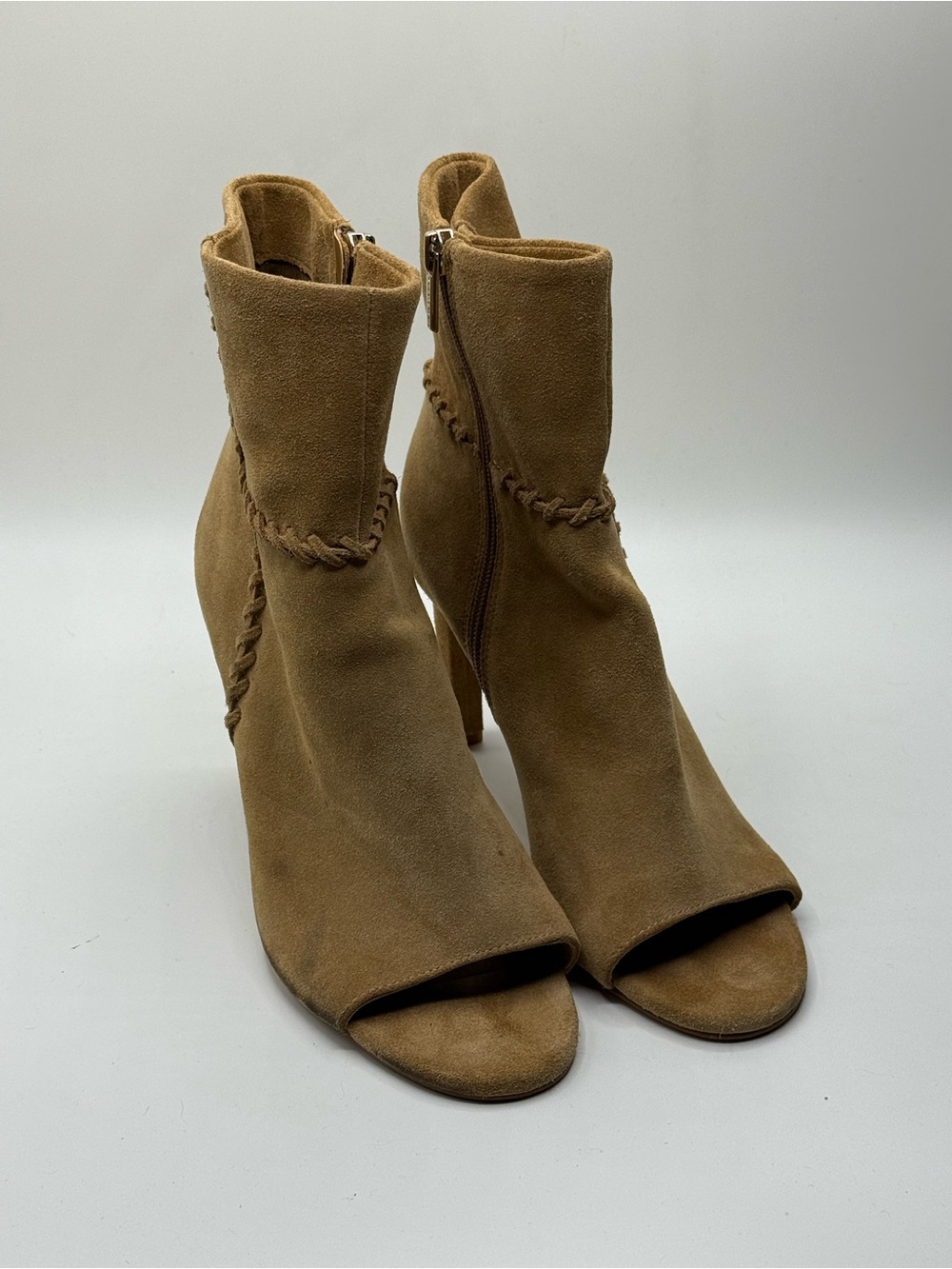 Vince Camuto Suede Peep-Toe Ankle Boots in Tan